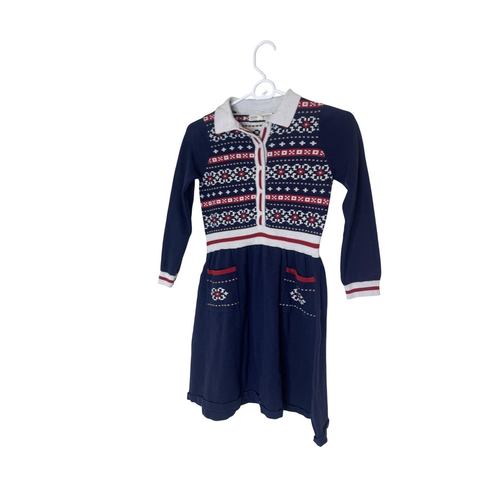Hope &‎ Henry Sweater Dress Girls 10 Blue Fair Isle Collar Pockets Long Sleeve